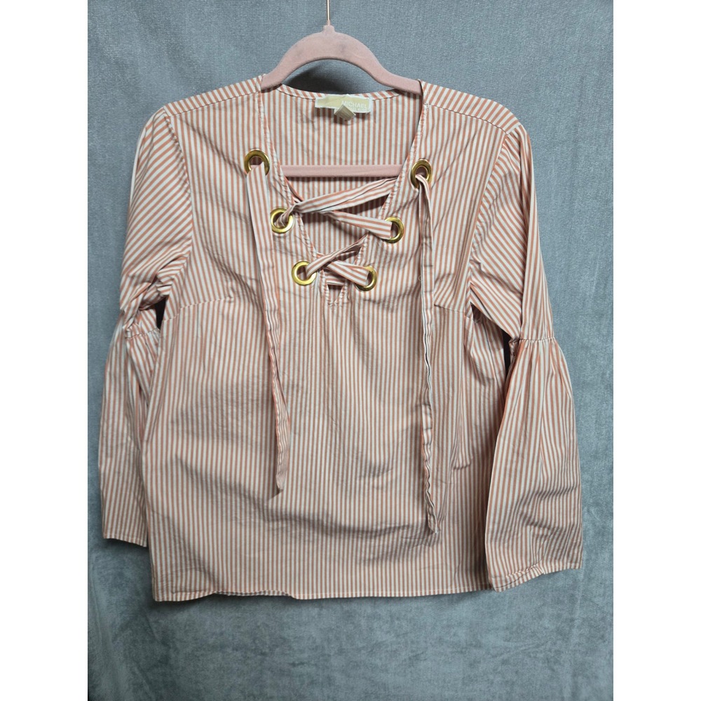 Michael Michael Kors Orange White Striped Lace‎ Up Bell Sleeve Blouse Small